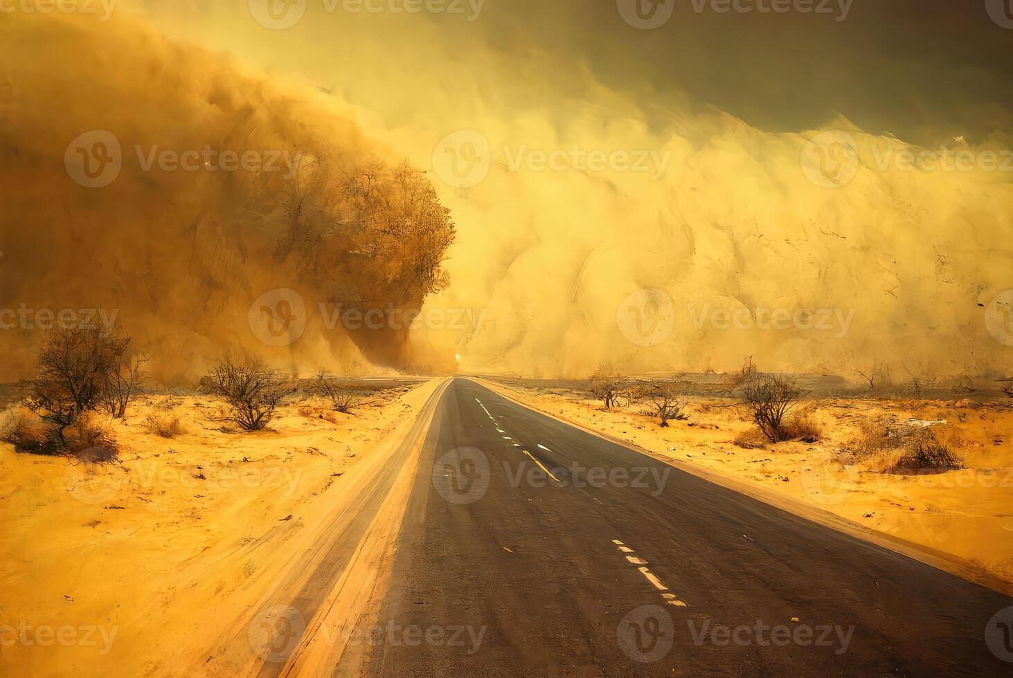 Desert landscape with a sandstorm and road. photo