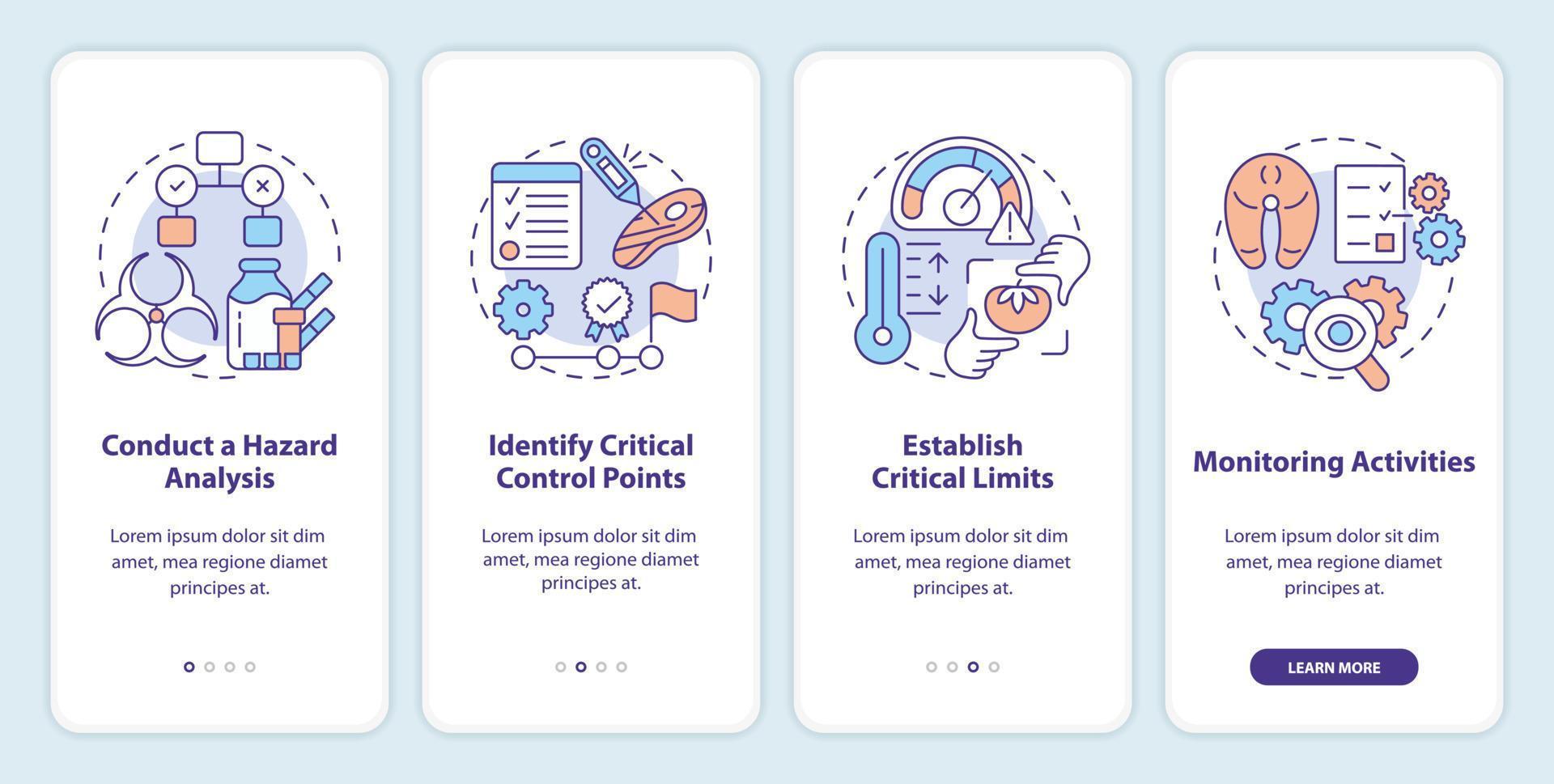 HACCP principles onboarding mobile app screen. Risks reducing walkthrough 4 steps editable graphic instructions with linear concepts. UI, UX, GUI template vector