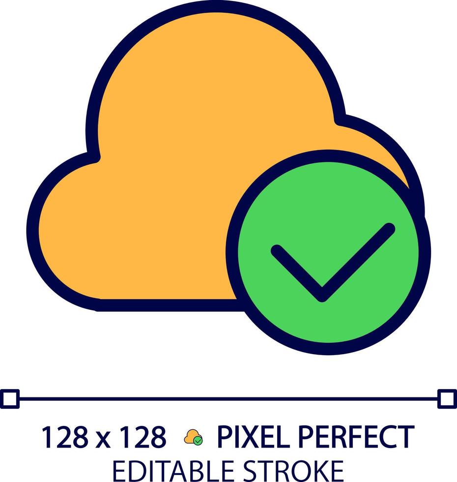 Cloud with check mark pixel perfect RGB color icon. Safe digital data storage. Keep information on internet. Isolated vector illustration. Simple filled line drawing. Editable stroke