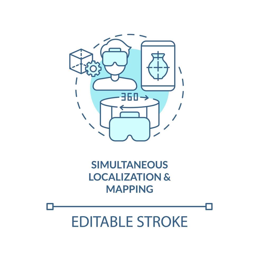 Simultaneous localization and mapping turquoise concept icon. Synthetic data abstract idea thin line illustration. Isolated outline drawing. Editable stroke vector
