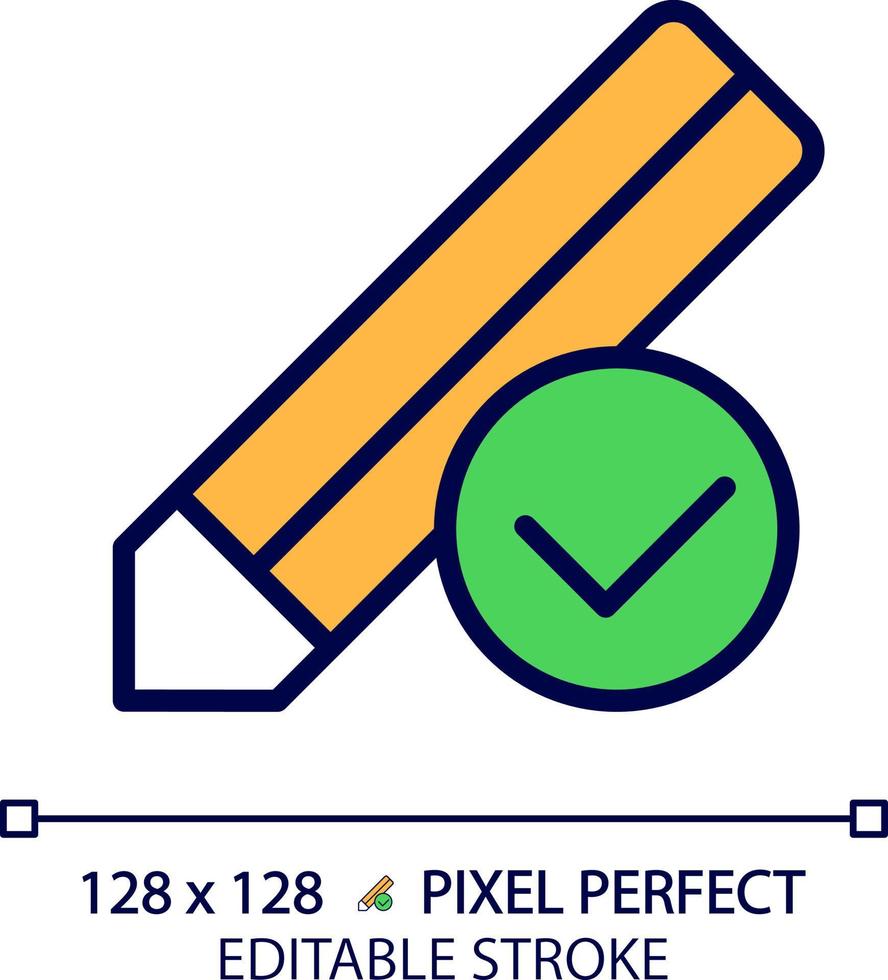 Pencil with check mark pixel perfect RGB color icon. Voting process. Writing approved information. Correct notes. Isolated vector illustration. Simple filled line drawing. Editable stroke