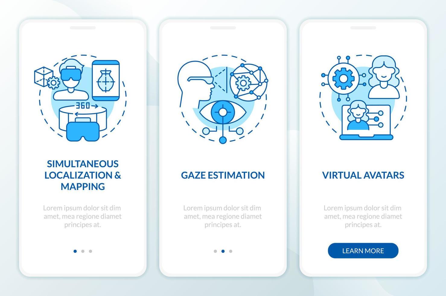 Synthetic data for metaverse blue onboarding mobile app screen. Walkthrough 3 steps editable graphic instructions with linear concepts. UI, UX, GUI template vector