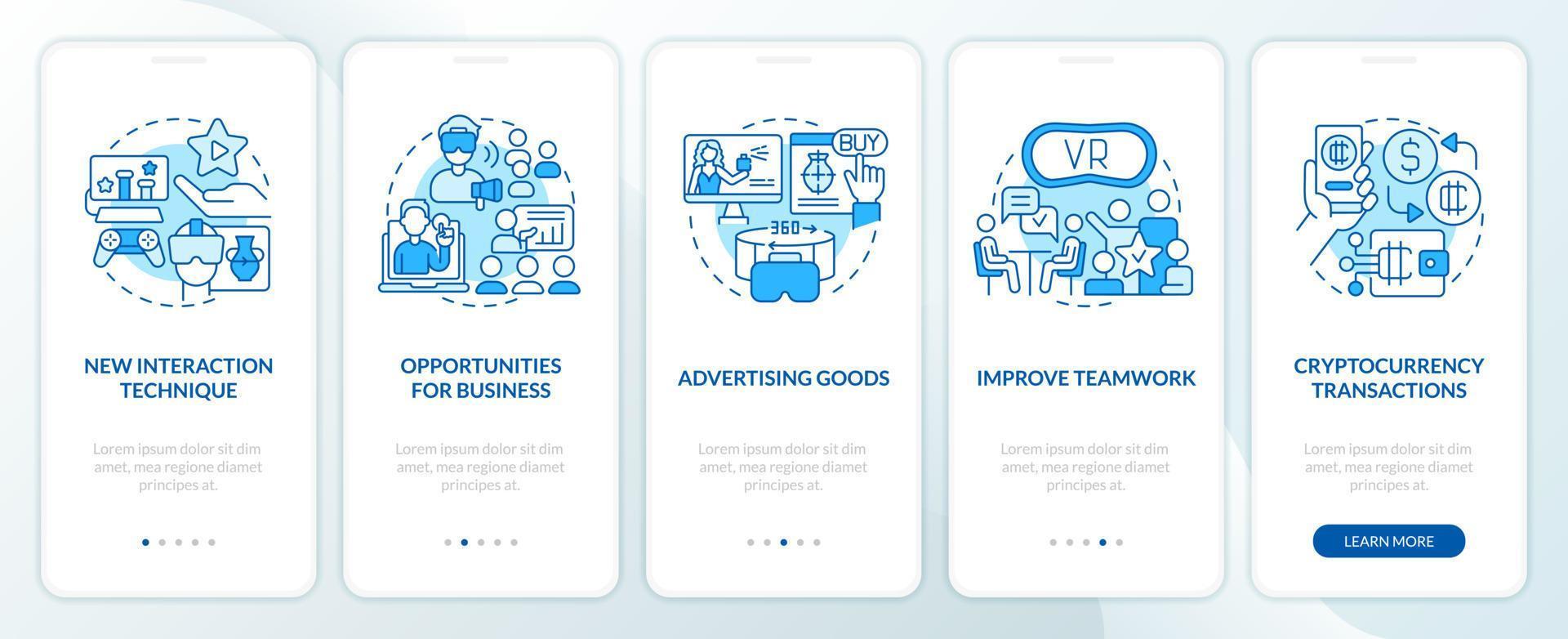 Metaverse importance for business blue onboarding mobile app screen. Walkthrough 5 steps editable graphic instructions with linear concepts. UI, UX, GUI template vector