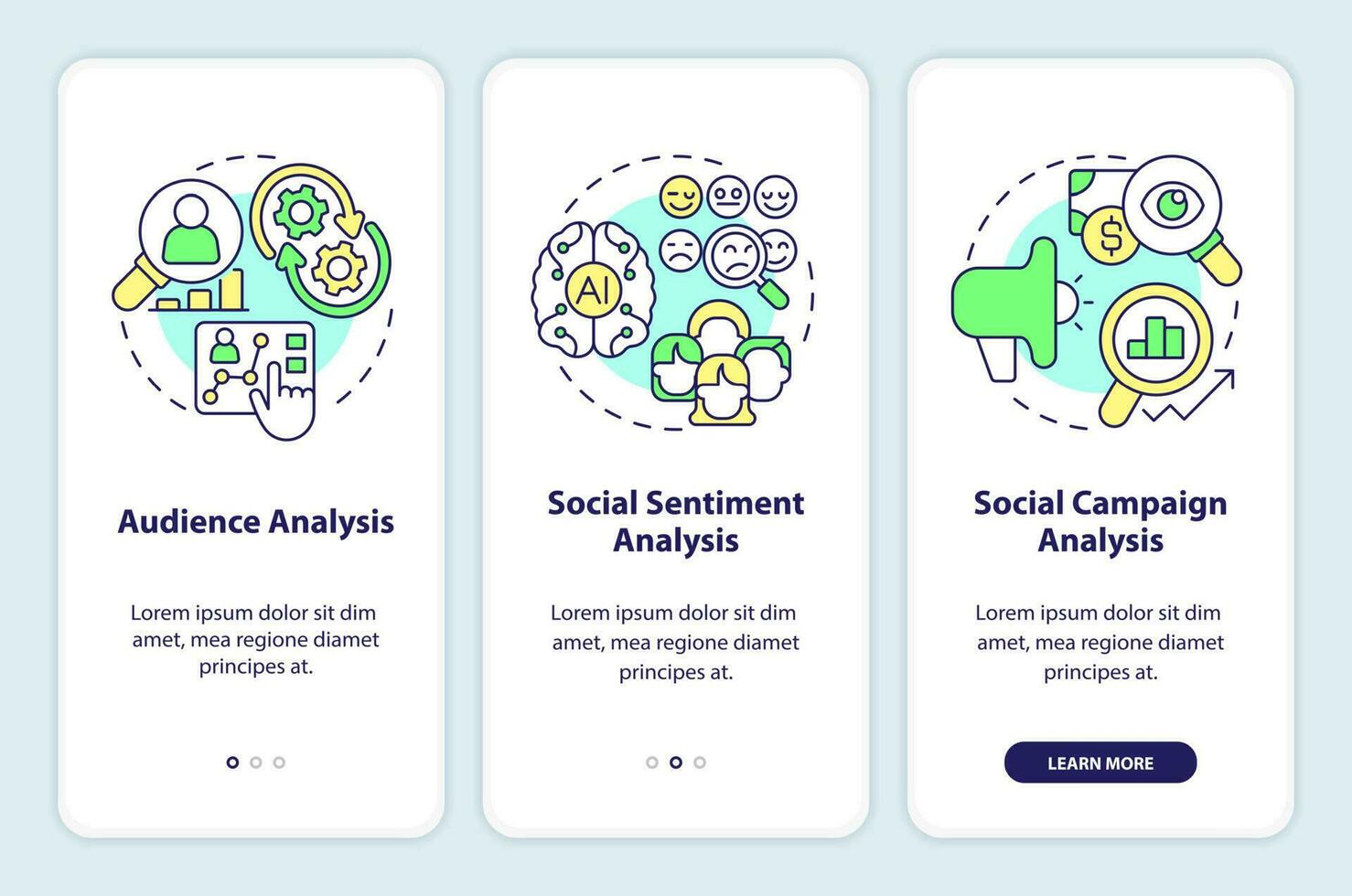 Social media analytics layers onboarding mobile app screen. Research walkthrough 3 steps editable graphic instructions with linear concepts. UI, UX, GUI template vector