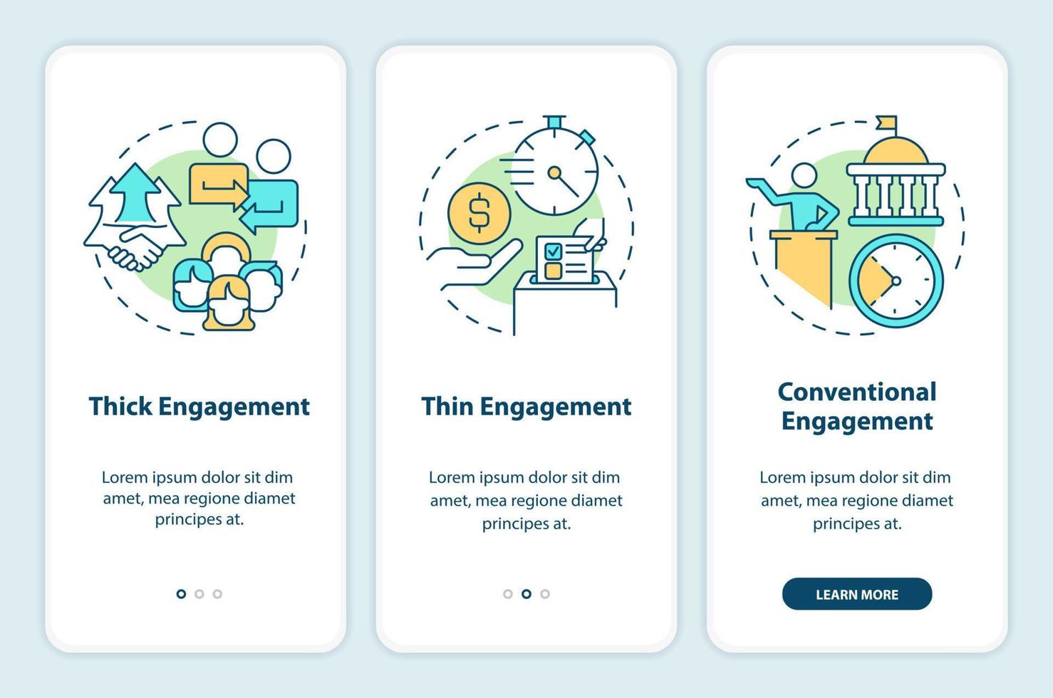 Common forms of engagement onboarding mobile app screen. Public impact walkthrough 3 steps editable graphic instructions with linear concepts. UI, UX, GUI template vector