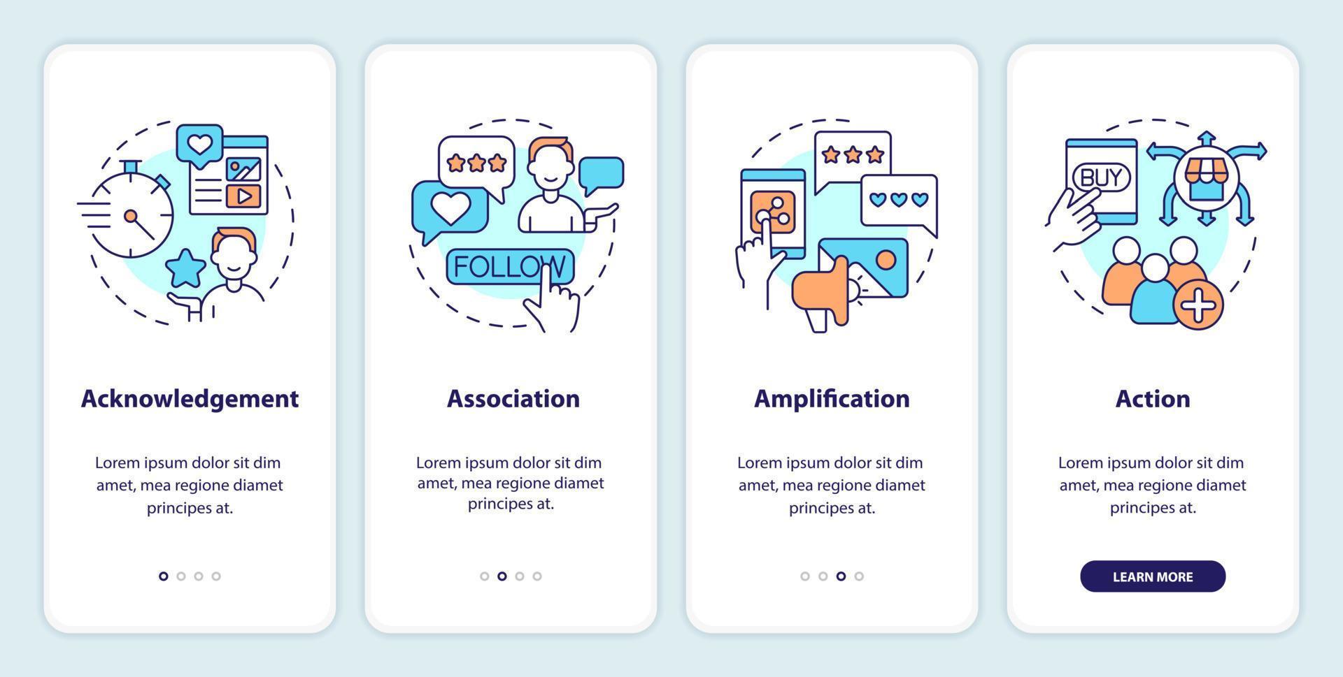 Types of social engagement onboarding mobile app screen. Involve users walkthrough 4 steps editable graphic instructions with linear concepts. UI, UX, GUI template vector