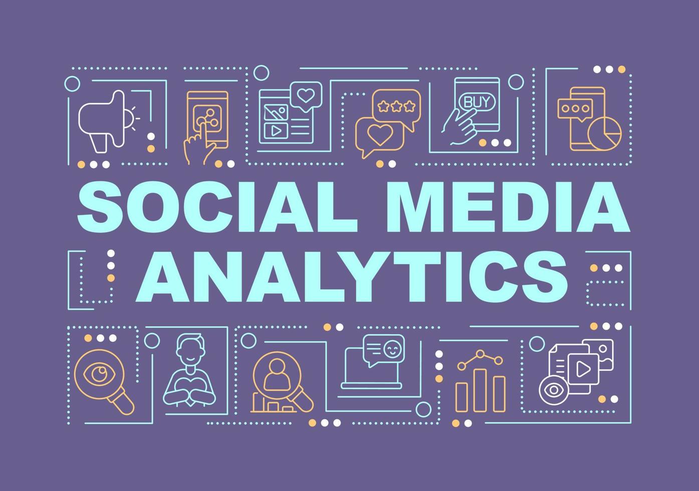 Social media analytics word concepts violet banner. Interaction metrics. Infographics with editable icons on color background. Isolated typography. Vector illustration with text