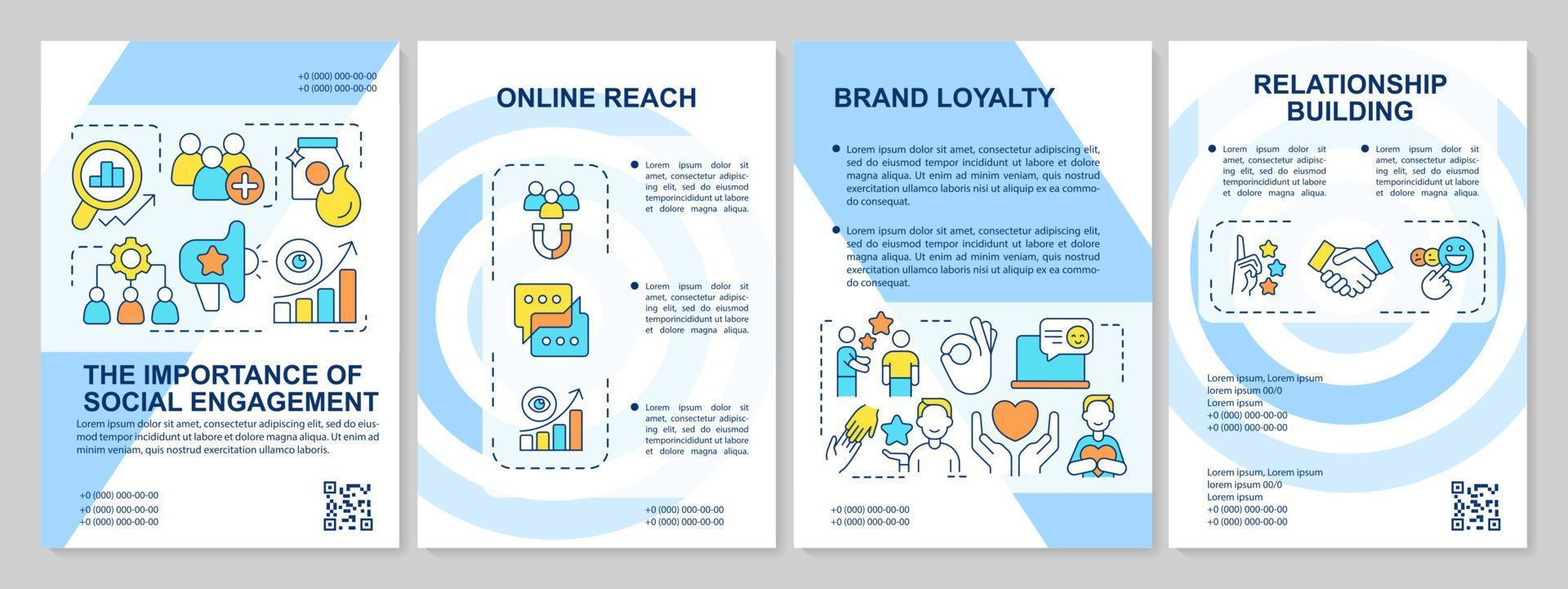 Importance of social engagement blue brochure template. Interaction. Leaflet design with linear icons. Editable 4 vector layouts for presentation, annual reports