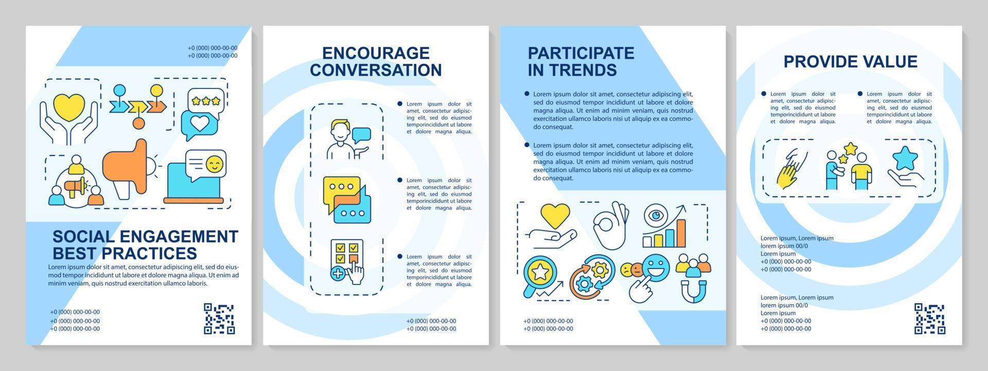 Effective social engagement blue brochure template. Boost activity. Leaflet design with linear icons. Editable 4 vector layouts for presentation, annual reports