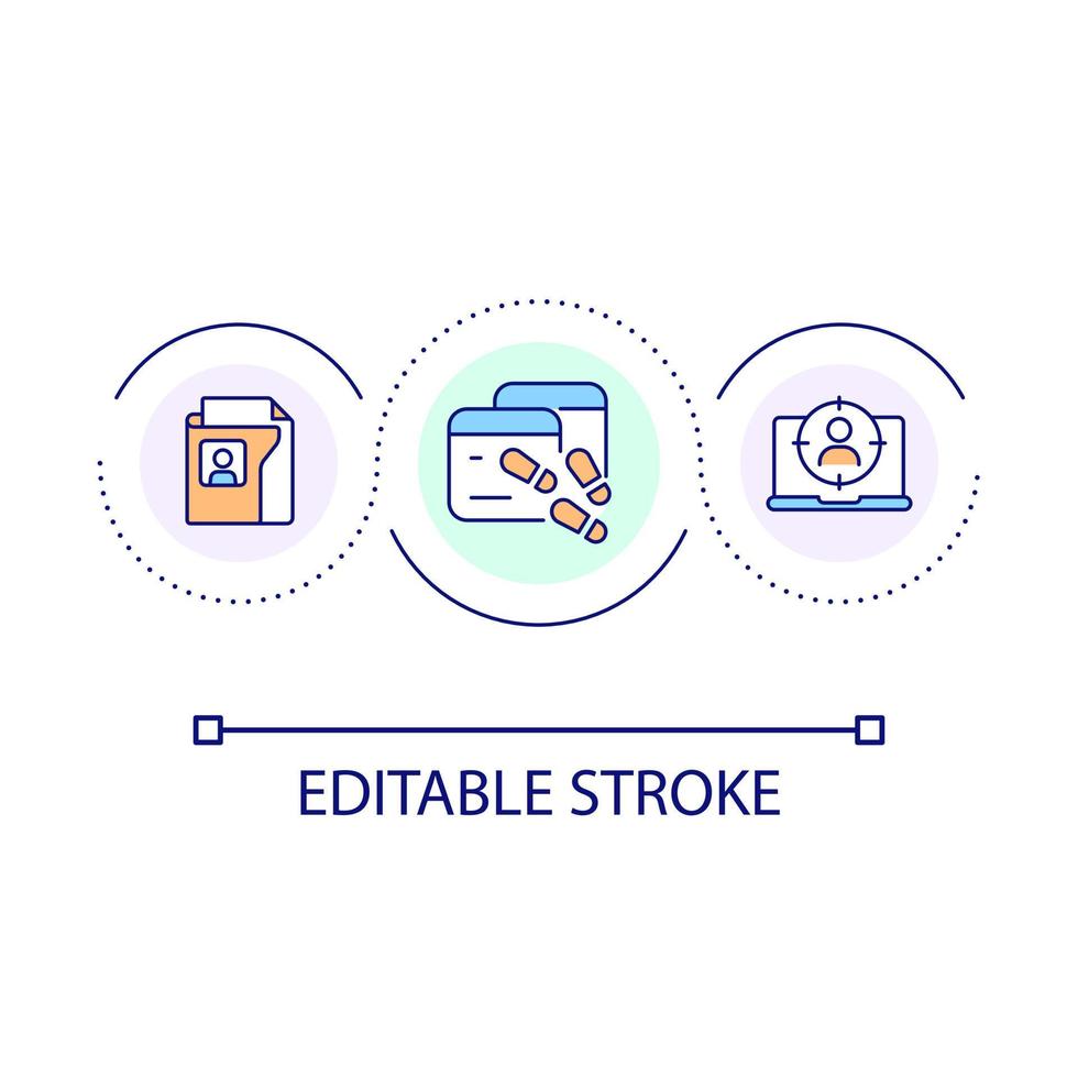 Internet stalking loop concept icon. Monitoring personal information. Online presence footprint abstract idea thin line illustration. Isolated outline drawing. Editable stroke vector