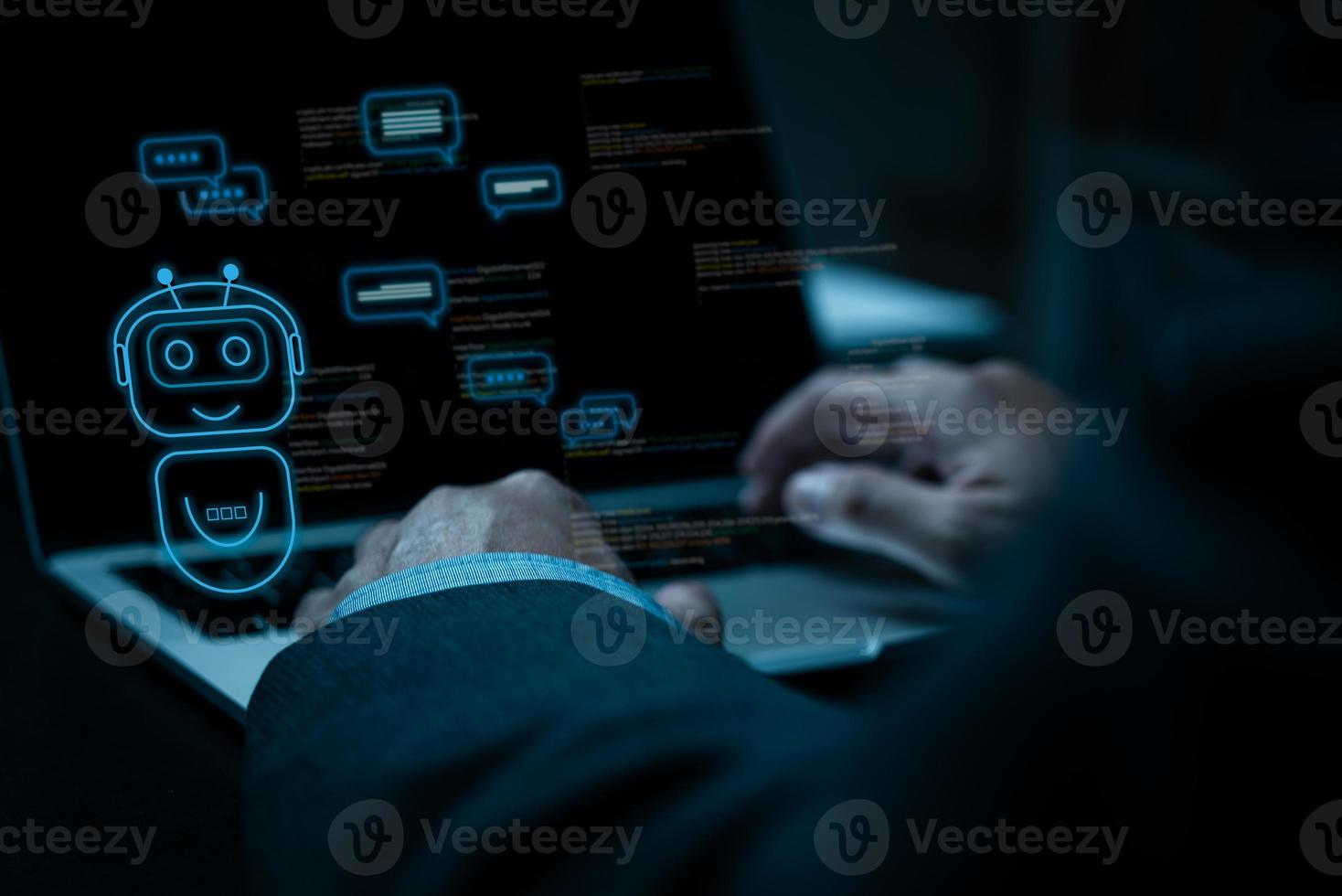 ChatGPT Chat with AI or Artificial Intelligence. Digital chatbot, robot application, OpenAI generate. Futuristic technology, Man using laptop computer on virtual screen.chat gpt concept. photo