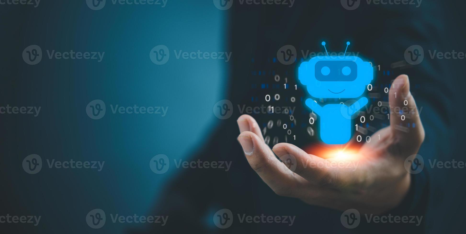 Businessman holding a light chatbot hologram intelligence AI. Digital chatbot, chatGPT, robot application.Chat GPT chat with AI Artifice intelligent developers digital technology concept photo