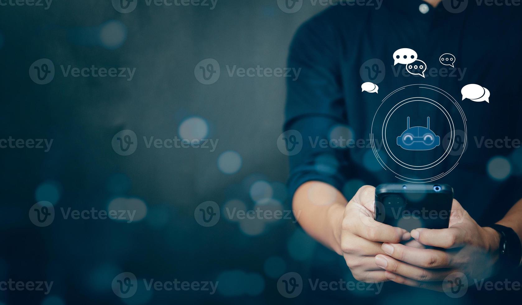 businessman using smart phone chatting with a smart AI or artificial intelligence. Digital technology robot information concept. photo