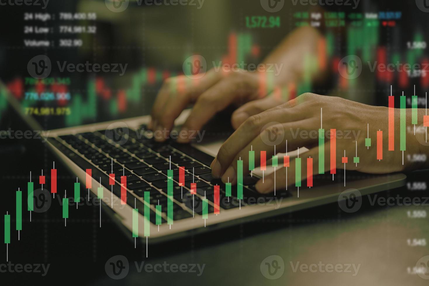 Businessman using laptop computer analysis graph stock market index diagrams, investment data, trading online.Business financial exchange. photo