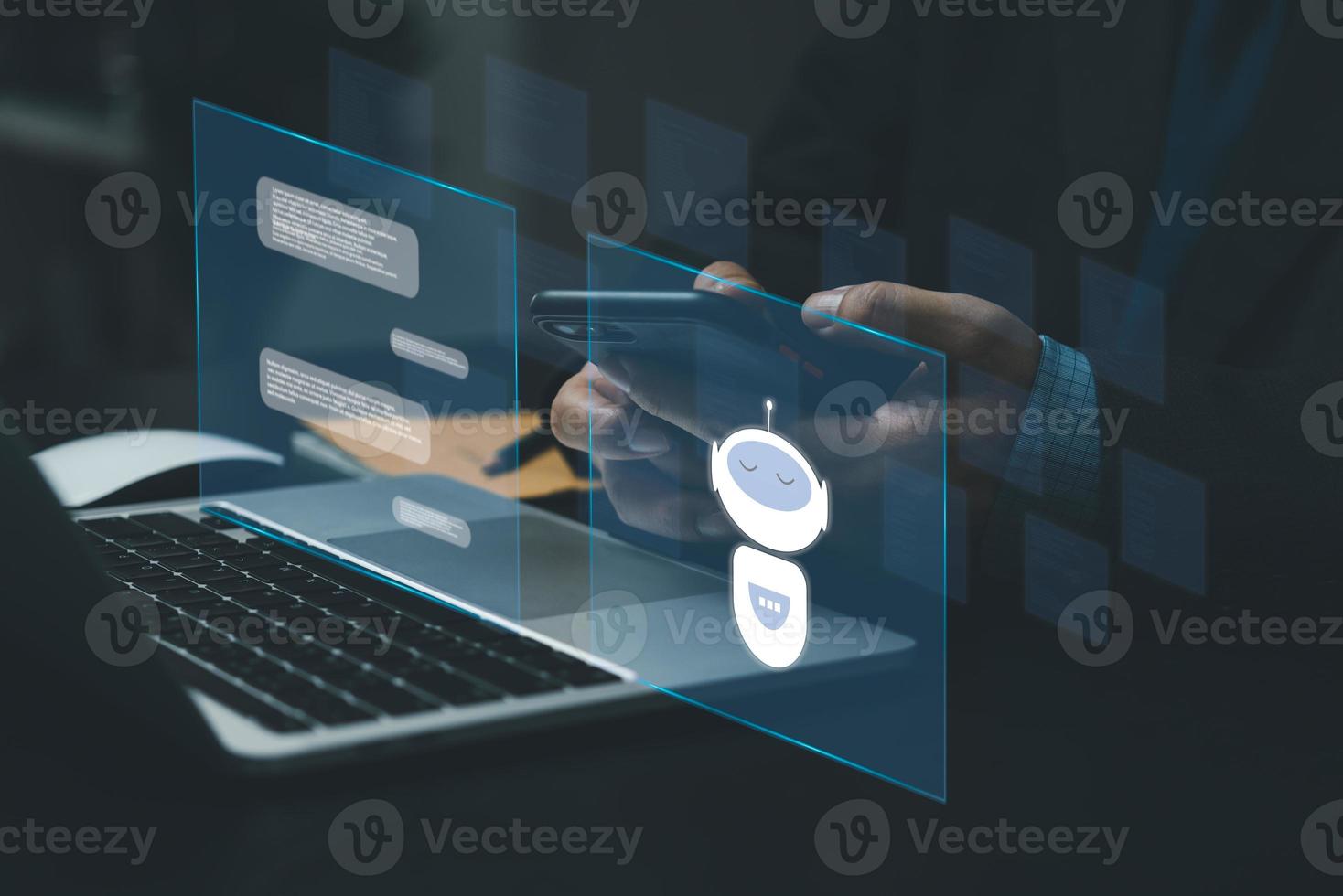 ChatGPT Chat with AI or Artificial Intelligence. Digital chatbot, robot application, OpenAI generate. Futuristic technology, Man using laptop computer on virtual screen.chat gpt concept. photo