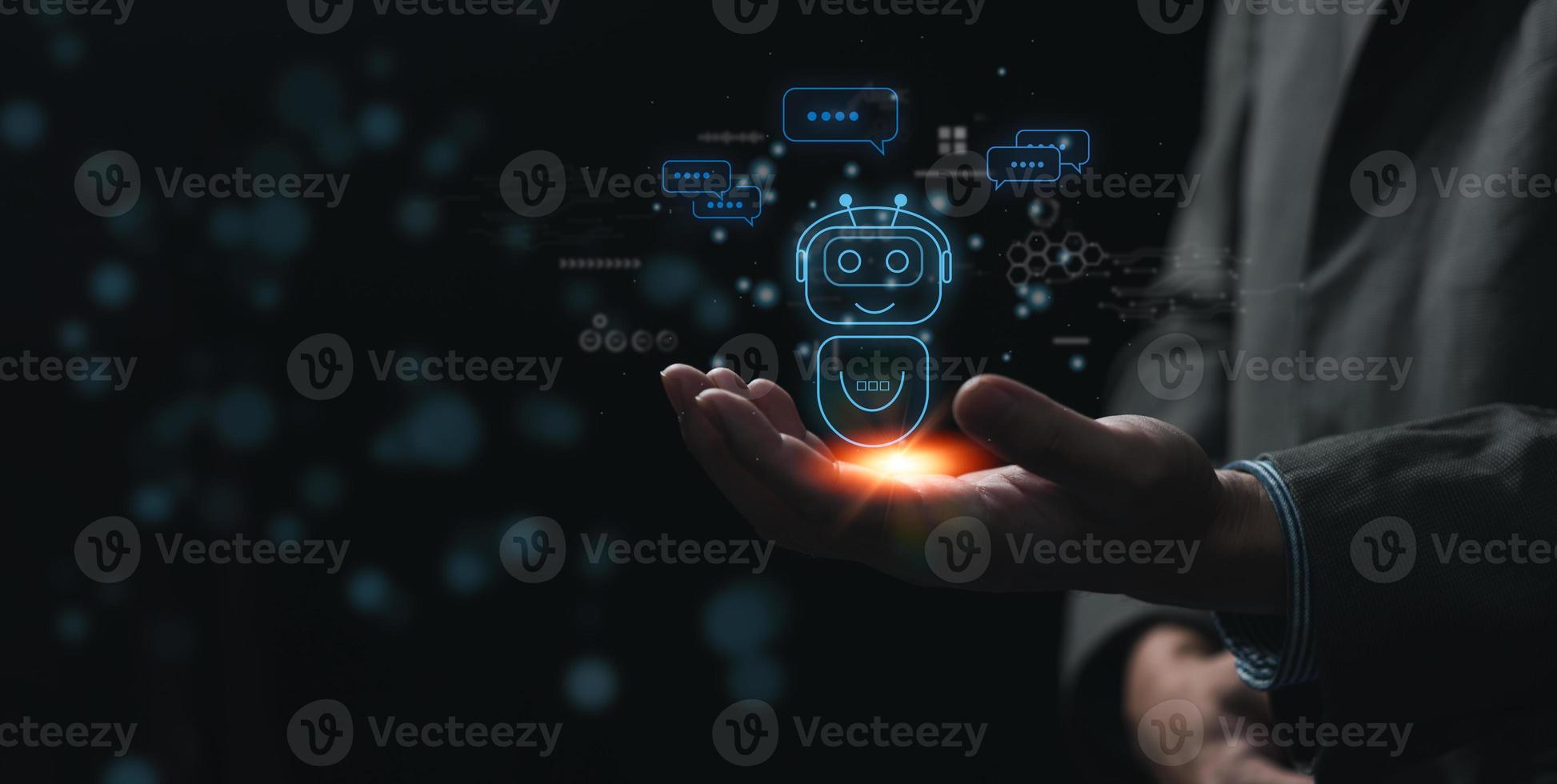 Businessman holding a light chatbot hologram intelligence AI. Digital chatbot, chatGPT, robot application.Chat GPT chat with AI Artifice intelligent developers digital technology concept. photo