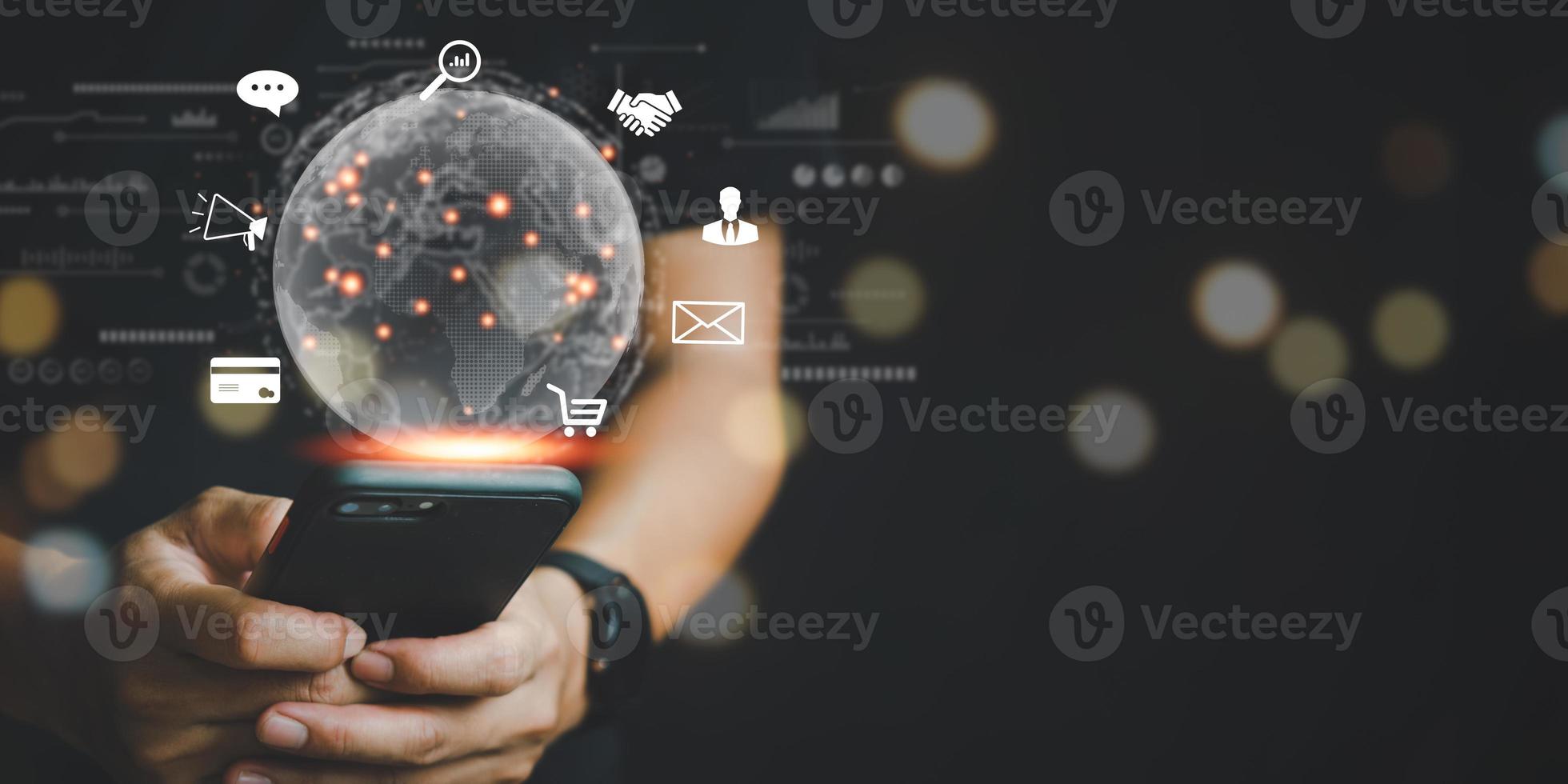 Business global internet connection and digital marketing, Financial and banking. Businessman using phone on application internet technology communication. photo