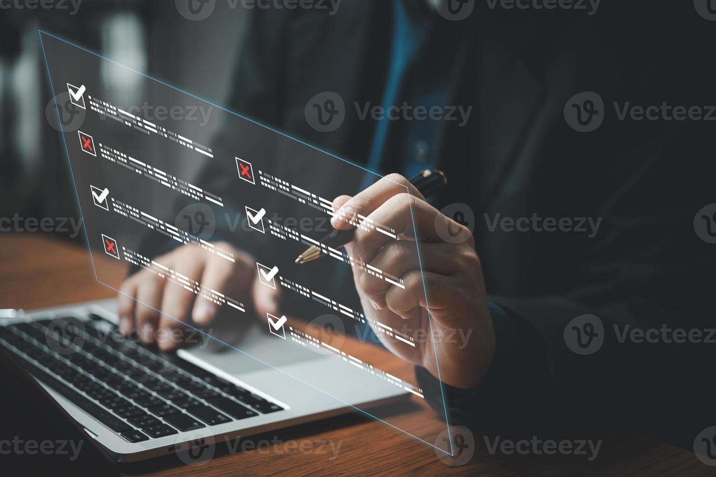 businessman checklist and document on virtual screens concept, business people check electronic digital questionnaire, evaluation, online survey, communication technology. photo