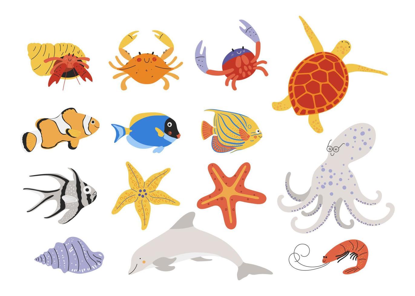 Set of hand drawn sea creatures. Cute ocean life characters such as fish, crab, turtle, dolphin, shrimp, starfish and octopus vector