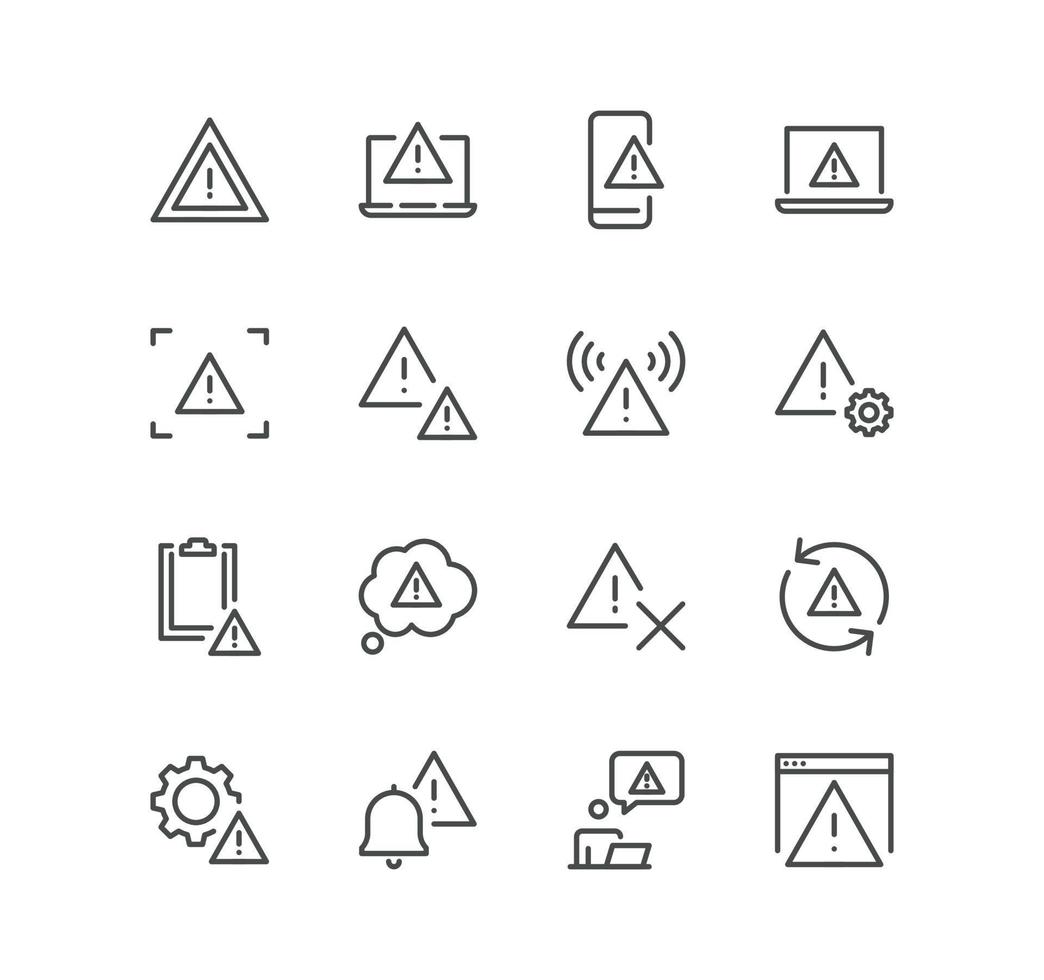 Set of warnings related icons, alert, exclamation mark, warning sign and linear variety vectors. vector