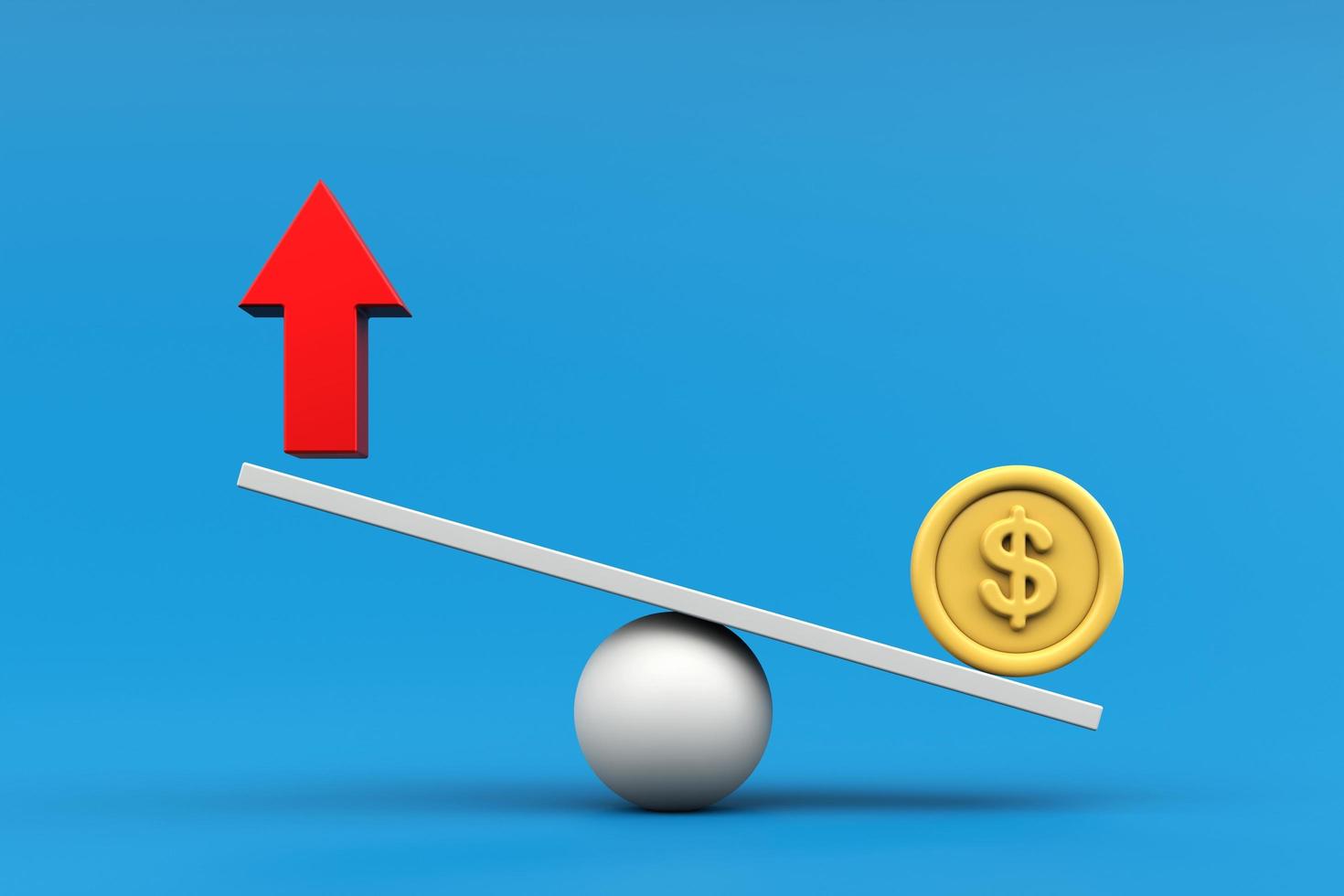 rojo flechas arriba con moneda en escamas tablero. concepto de exterior intercambiar riesgo gestión. financiero riesgo evaluación equilibrar y inversión, negocio estilo. 3d representación foto