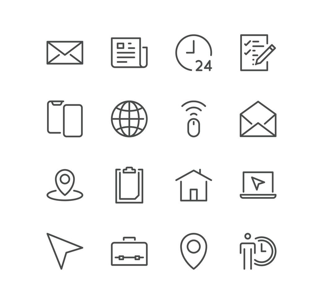 Set of contact related icons, phone, mail, location, calendar, user and linear variety vectors. vector