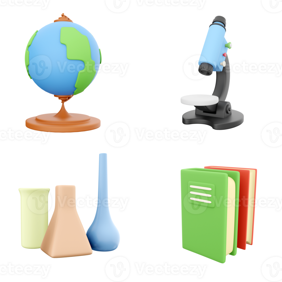 3d rendering globe, mainland, microscope, chemical flasks and green with red book icon set. 3d render science, education concept icon set. png