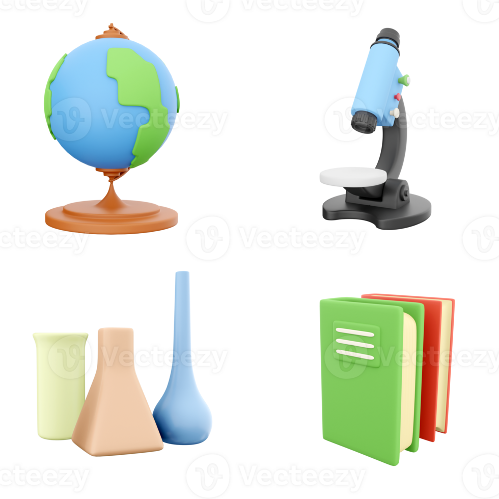 3d representación globo, continente, microscopio, químico matraces y verde con rojo libro icono colocar. 3d hacer ciencia, educación concepto icono colocar. png