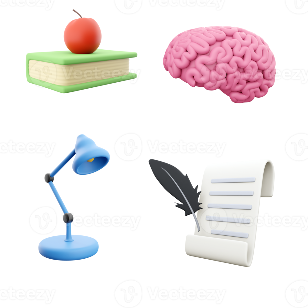 3d renderen boek met een appel, menselijk brein, tafel lamp en blad met een veer icoon set. 3d geven onderwijs concept icoon set. png