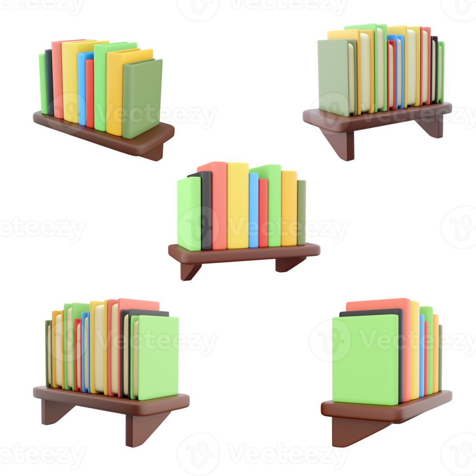 3d rendering shelf with books icon set. 3d render books with different covers on the shelf different positions icon set. png