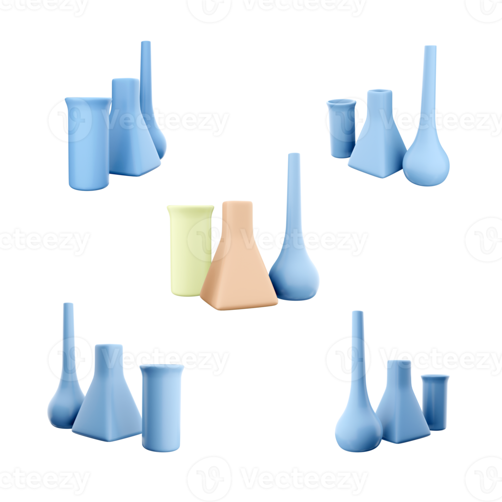 3d rendering laboratory flasks of various shapes icon set. 3d render glass vessel with a round or flat bottom different positions icon set. png