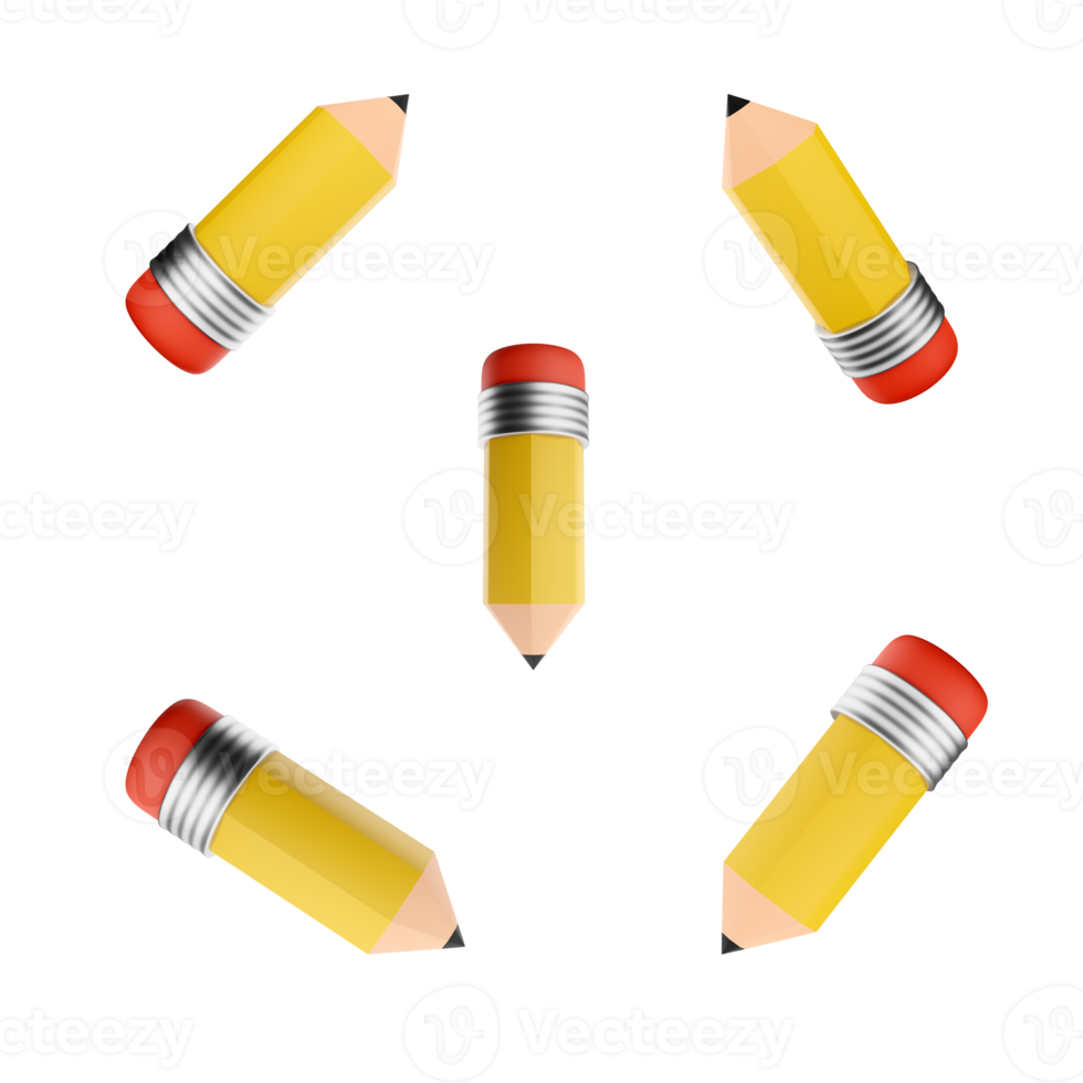 3d renderen potlood met gom Bij de einde icoon set. 3d geven een gereedschap in de het formulier van een hengel gemaakt van schrijven materiaal en een gom verschillend standen icoon set. png