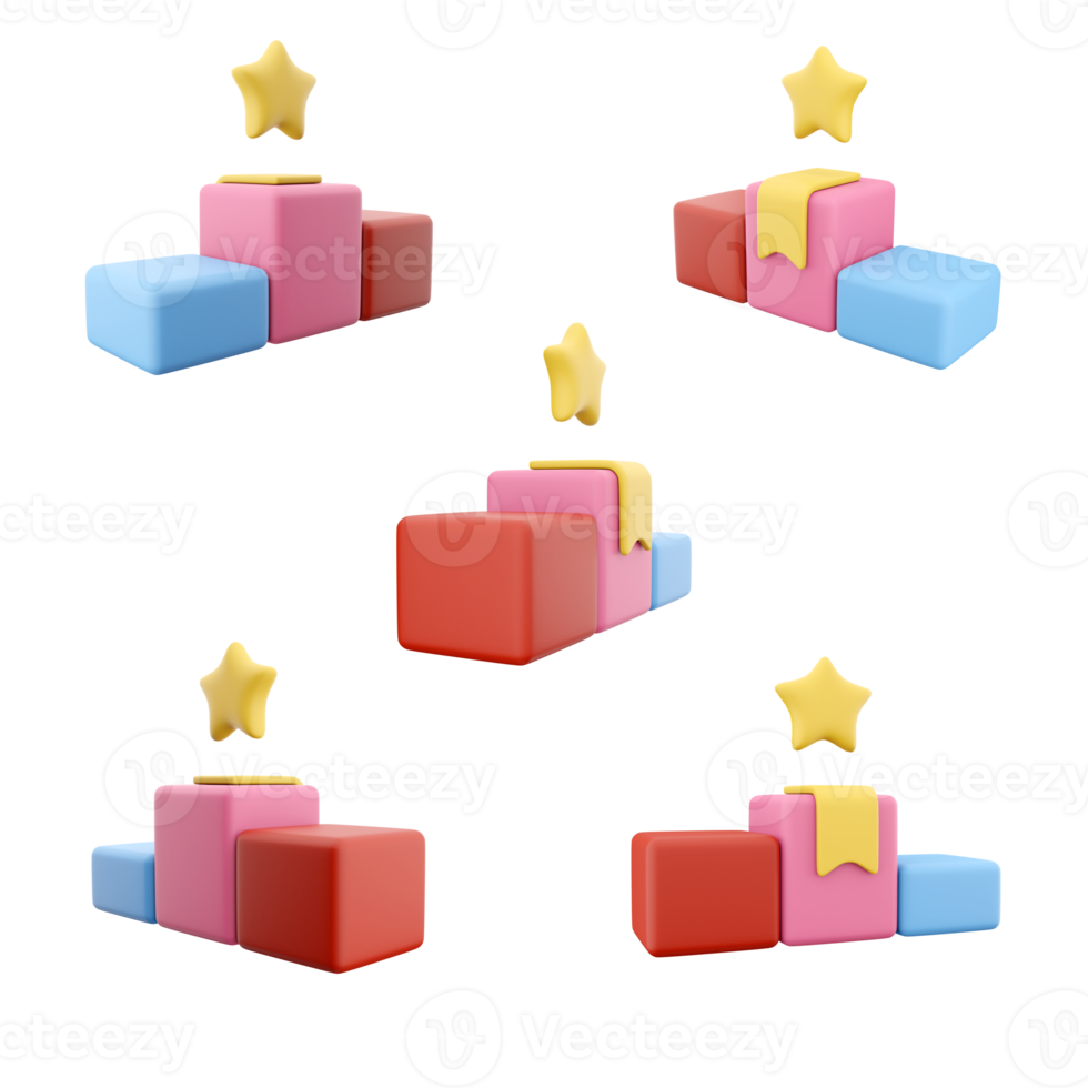 3d rendering podium for winners icon set. 3d render multicolored podiums first, second and third place, the banner is hung in the first place and above it is a star different positions icon set. png