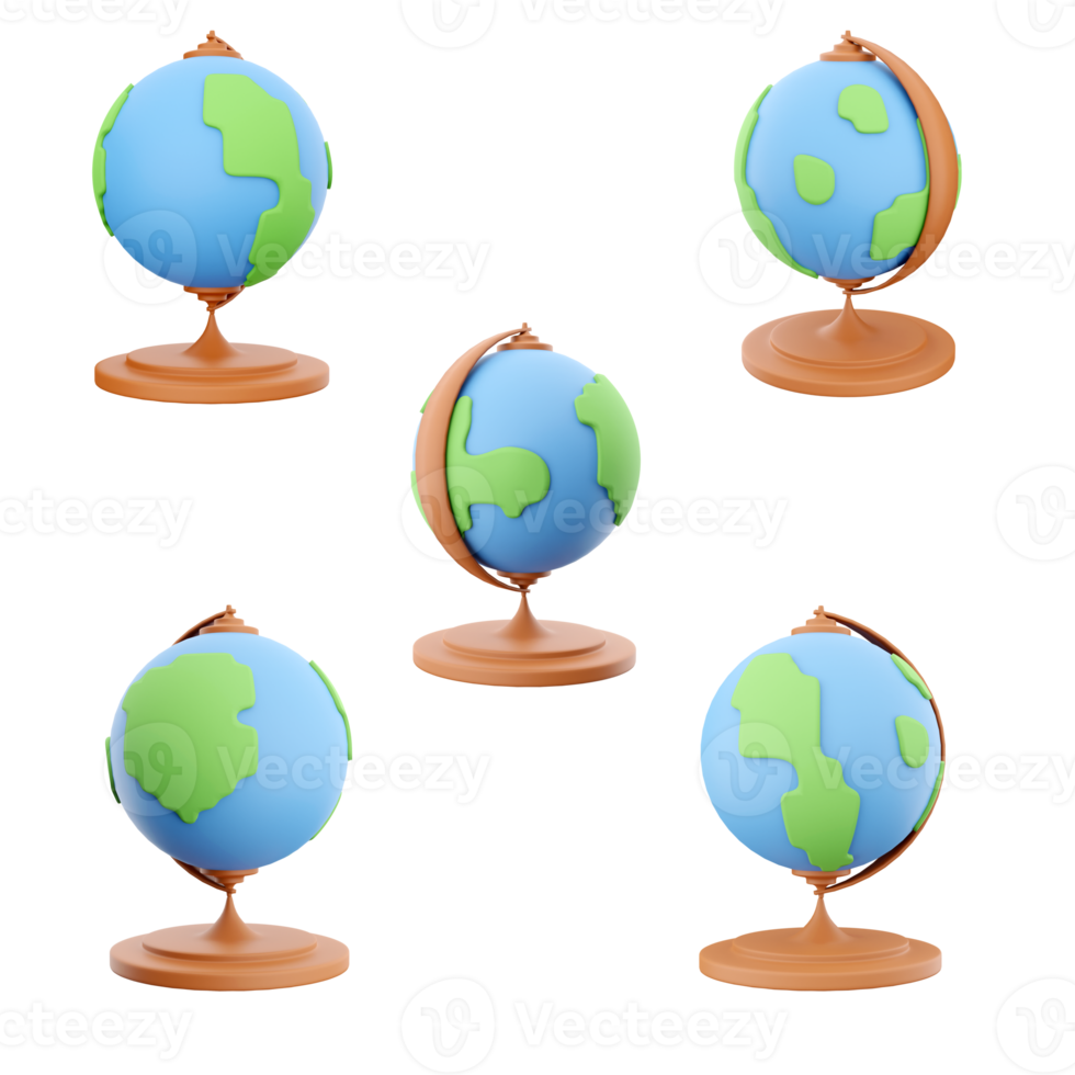 3d rendering Earth globe icon set. 3d render globe model different positions icon set. png