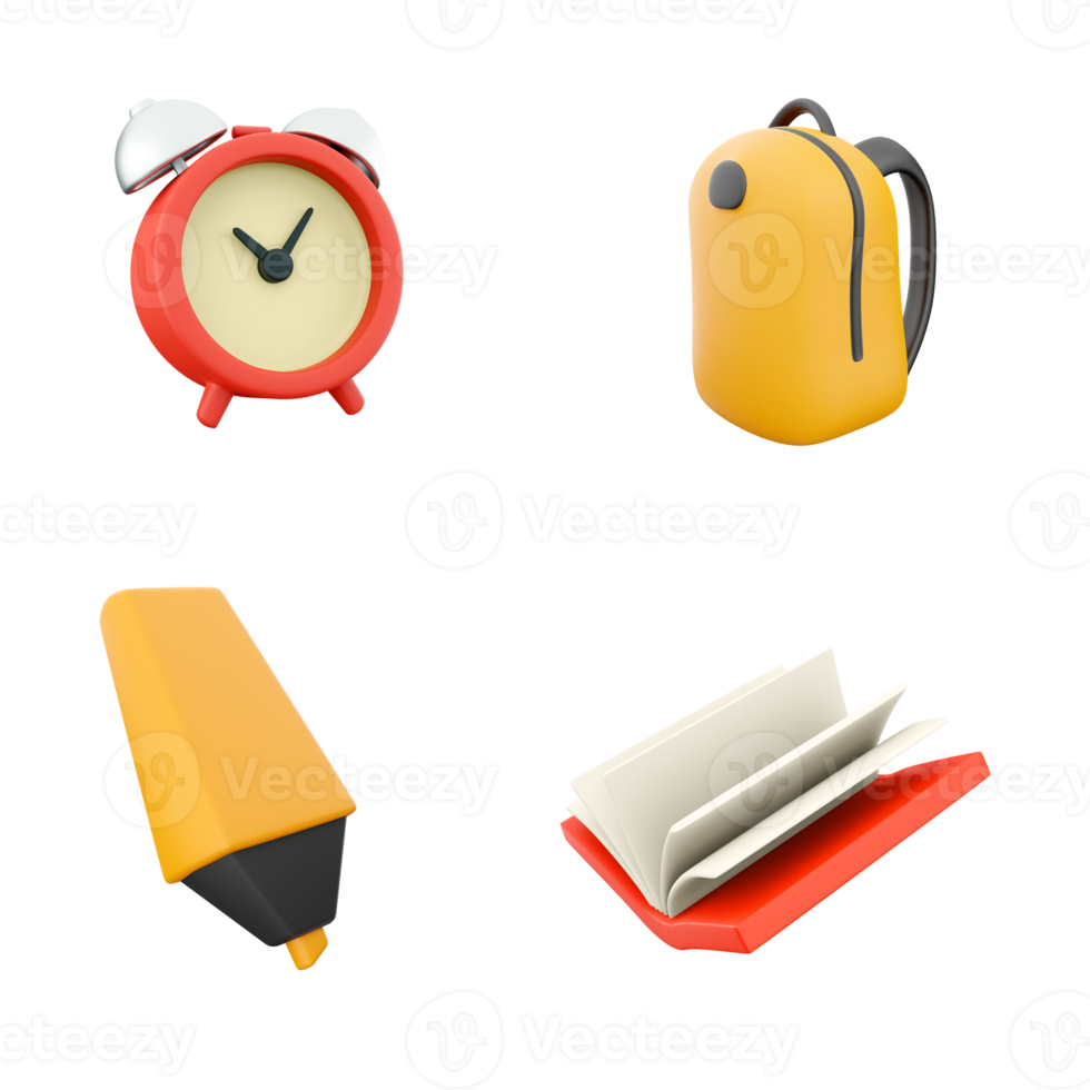 3d rendering alarn clock, school bag, yellow marker and open book icon set. 3d render education concept icon set. png