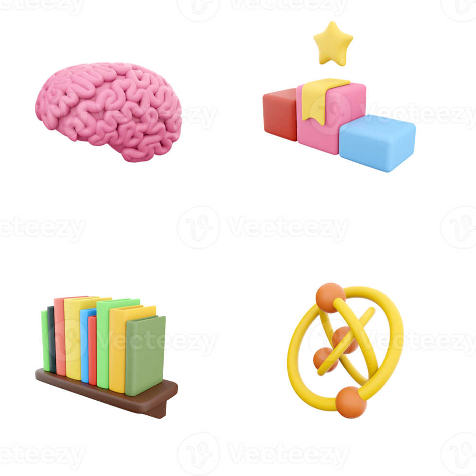 3d rendering podium with star, human brain, atom model, bookshelf with books icon set. 3d render education and competition concept icon set. png