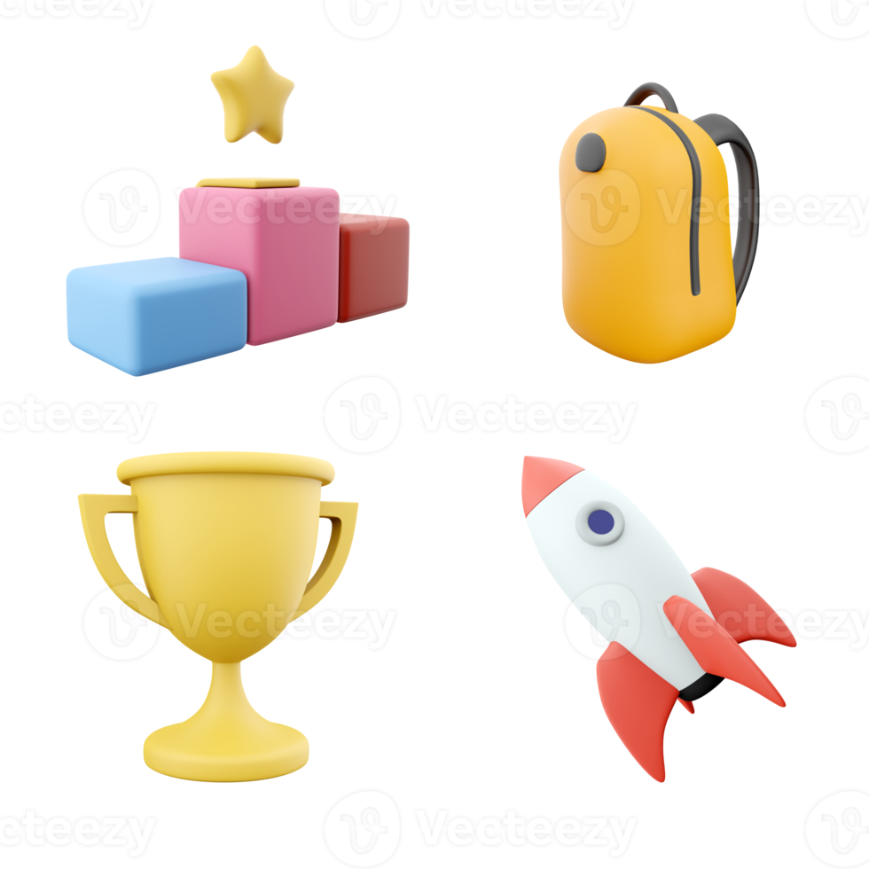 3d rendering podium with star, school bag, gold cup and rocket mockup icon set. 3d render competition and study concept icon set. png