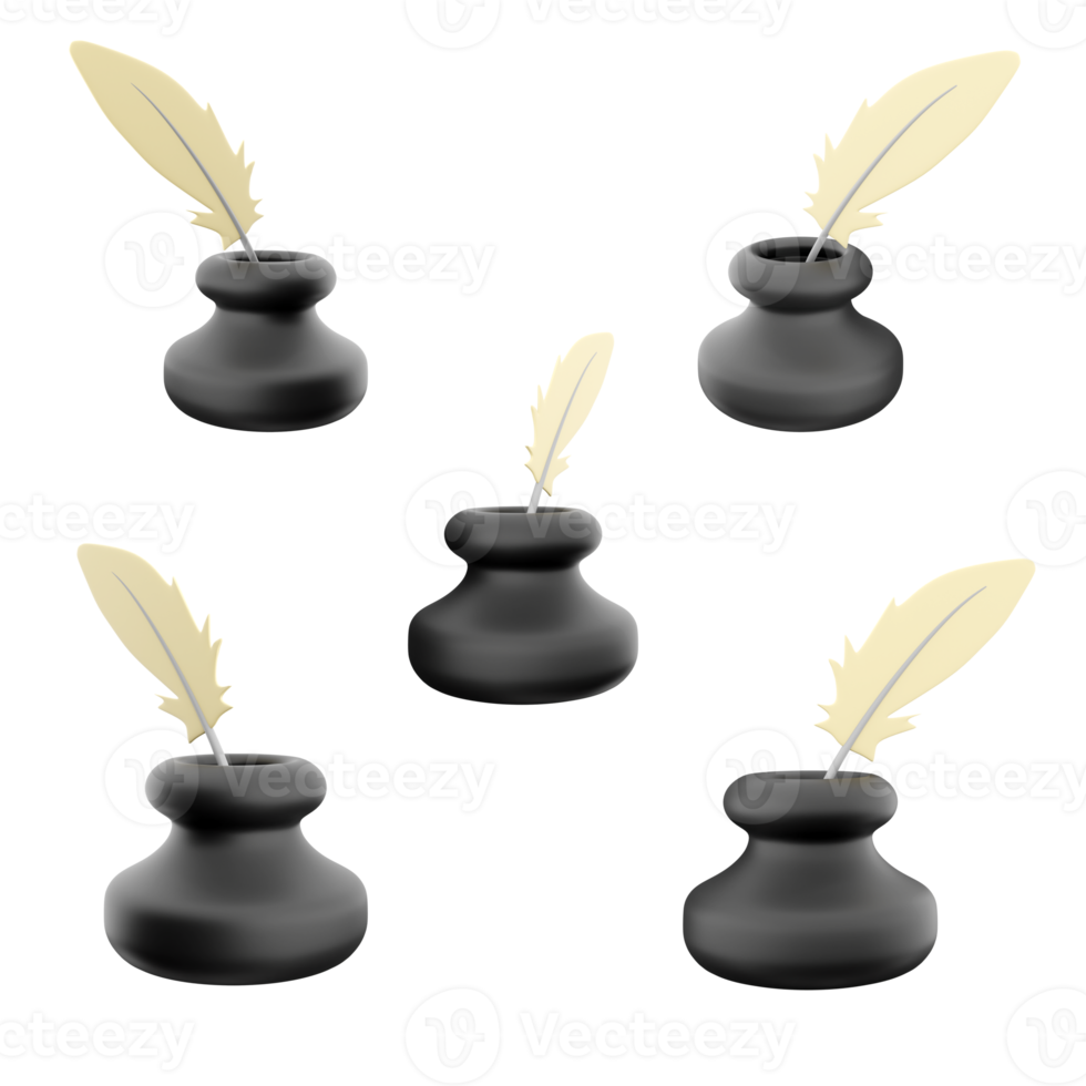 3d tolkning inkwell med fjäder ikon uppsättning. 3d framställa gammal sätt av skrivning annorlunda positioner ikon uppsättning. png