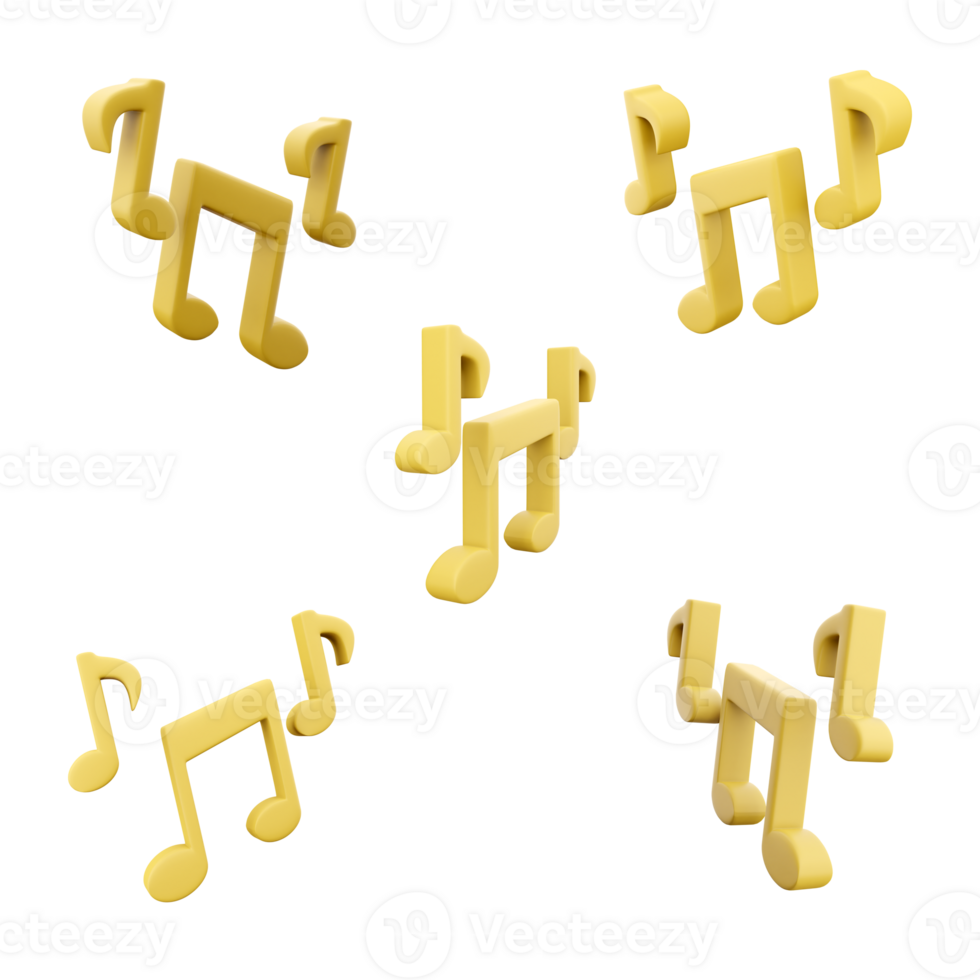 3d rendering yellow musical note icon set. 3d render music different positions icon set. png