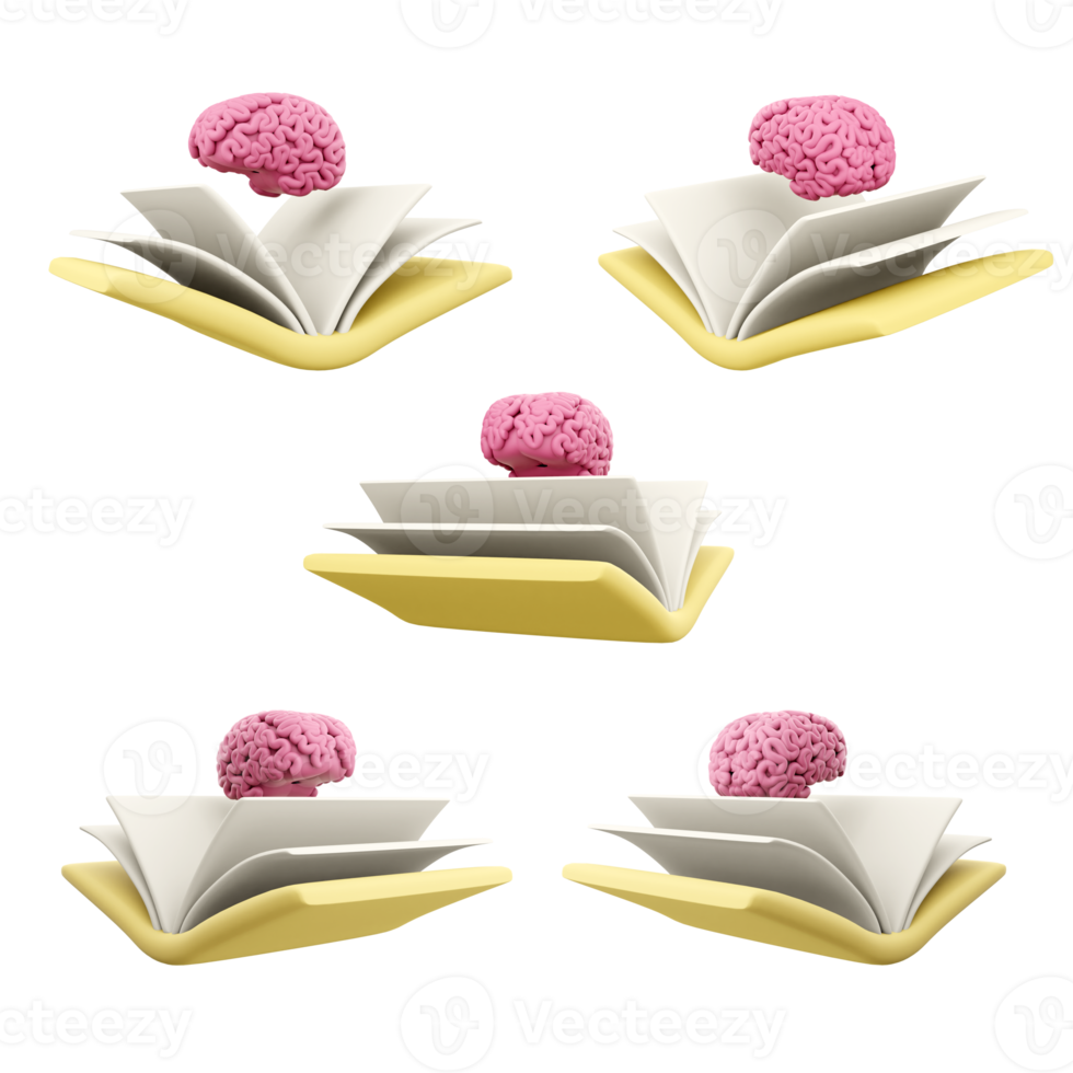 3d rendering pink brain over book different positions icon set. 3d render lesson, studying, education icon set. png