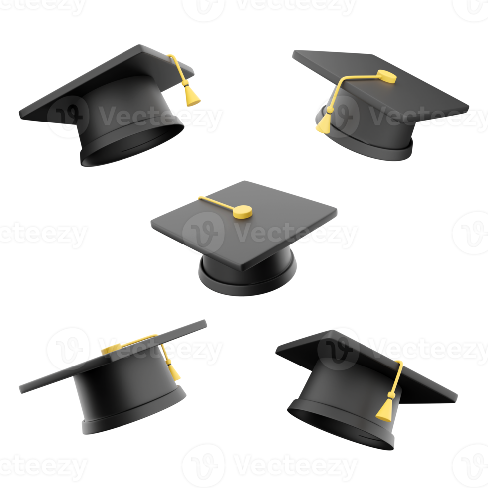 3d rendering university graduation cap icon set. 3d render headgear adjacent to a square horizontal plank different positions icon set. png