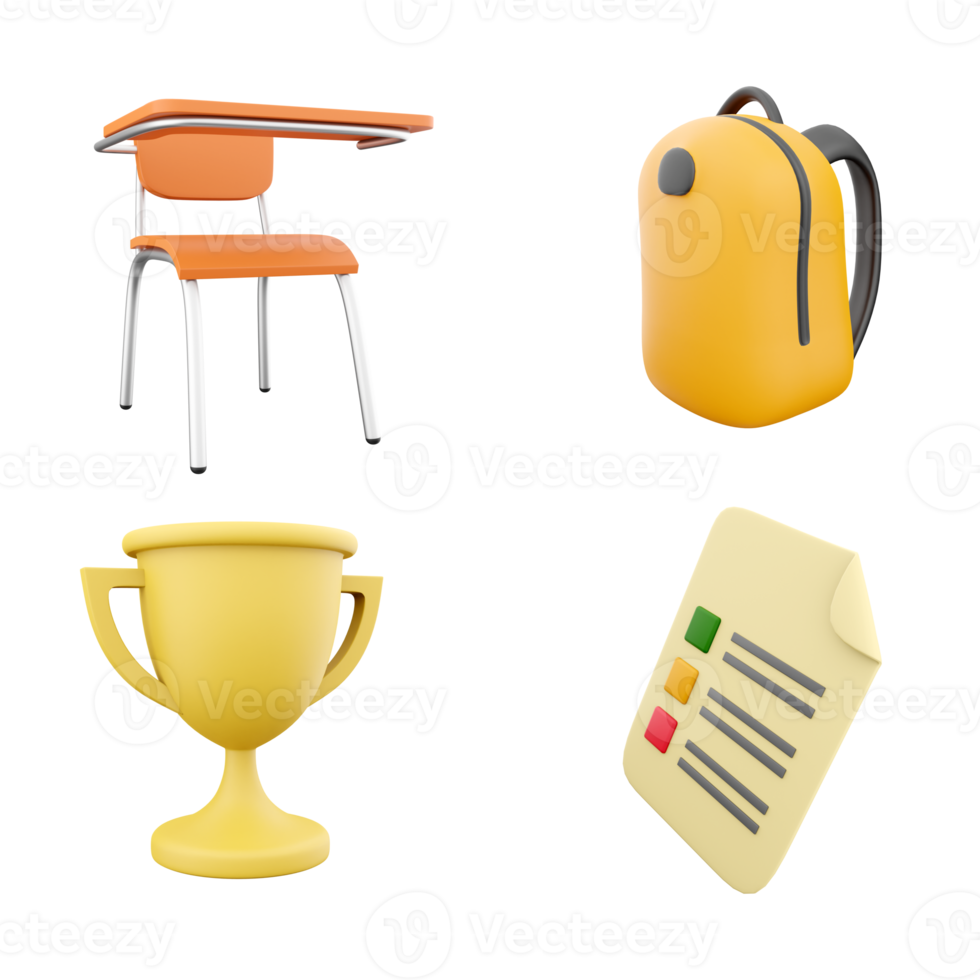 3d rendering school chair, yellow bag, first place cup and examination sheet icon set. 3d render study, school, competitions and exams icon set. png