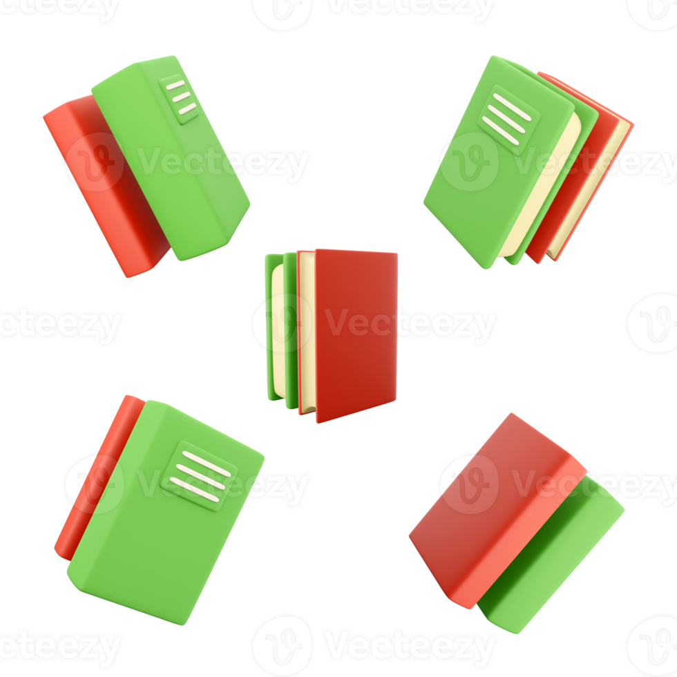 3d rendering red and green book on top of each other icon set. 3d render one of the printed matter different positions icon set. png
