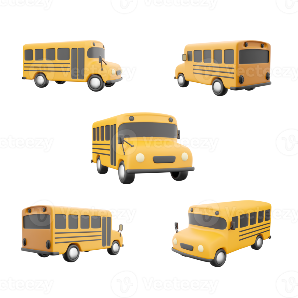 3d rendering yellow school bus icon set. 3d render bus for children to school different positions icon set. png