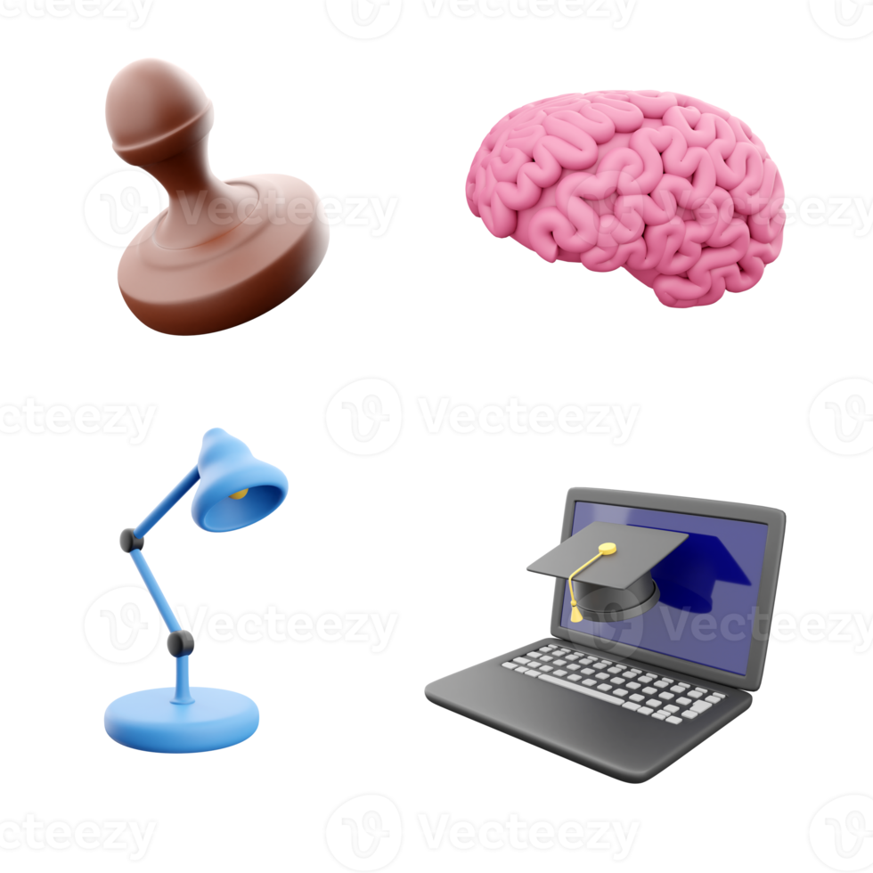 3d rendering stamp, brain, lamp and notebook with academic cap icon set. 3d render education concept icon set. png