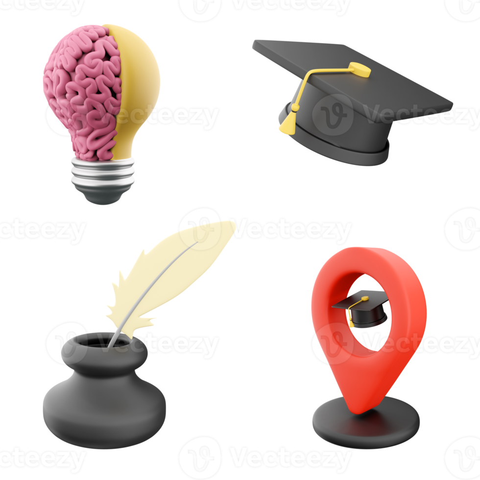 3d rendering a light bulb with a brain in one part and a light in the other, academic cap, feather with inkwell, location of the educational institution icon set. 3d render education concept icon set. png