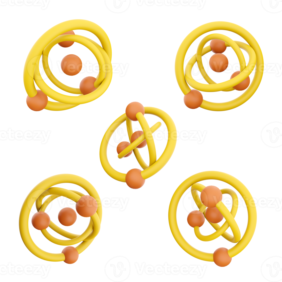 3d rendering atom icon set. 3d render atomic structure, positive proton, negative electron and neutral neutron different positions icon set. png