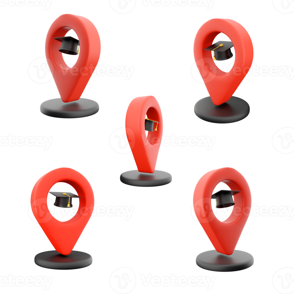3d rendering map pointer with education hat icon set. 3d render destination of a university or other educational institution different positions icon set. png