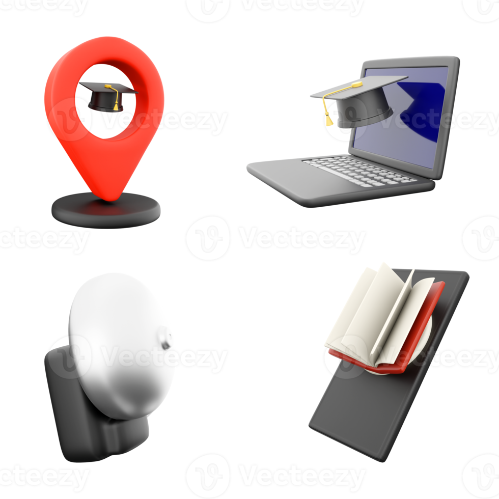 3d rendering study location marker, laptop with academic cap, school bell and phone with book icon set. 3d render education concept icon set. png