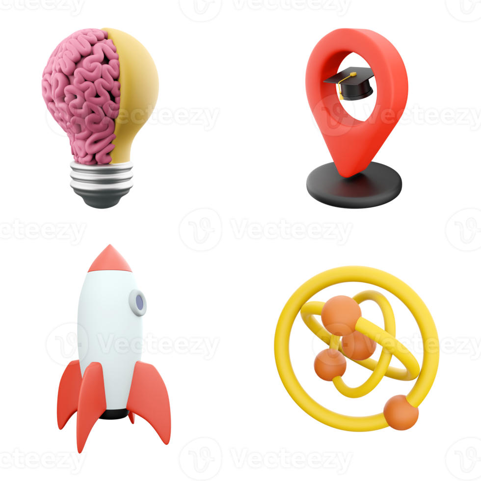 3d rendering light bulb with brain, location sign with academic cap, rocket and atom icon set. 3d render science and education concept icon set. png